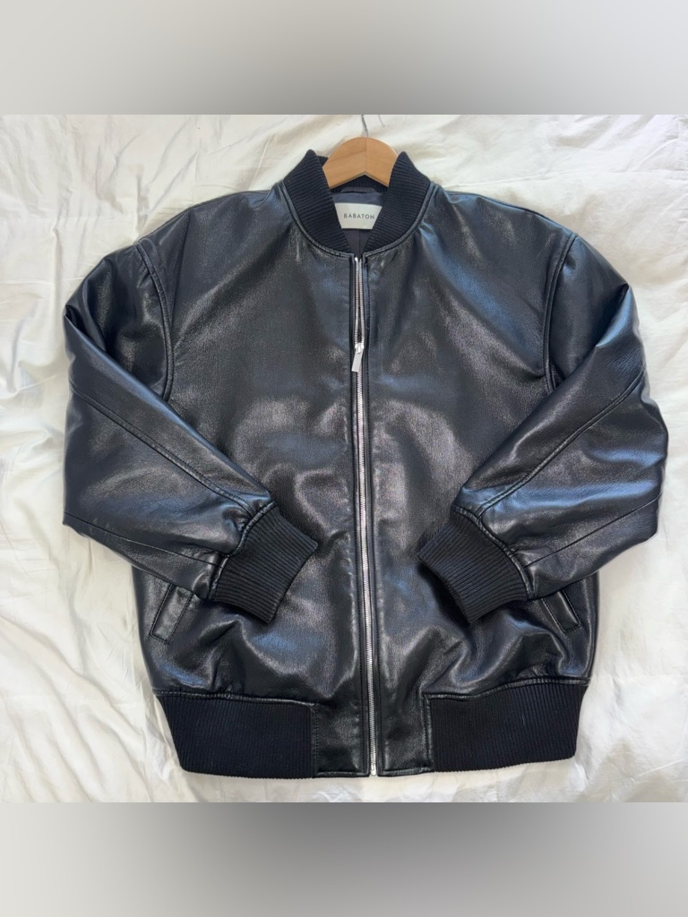 Aritzia Babaton Black Faux Leather Bomber Jacket with Ribbed Trim
